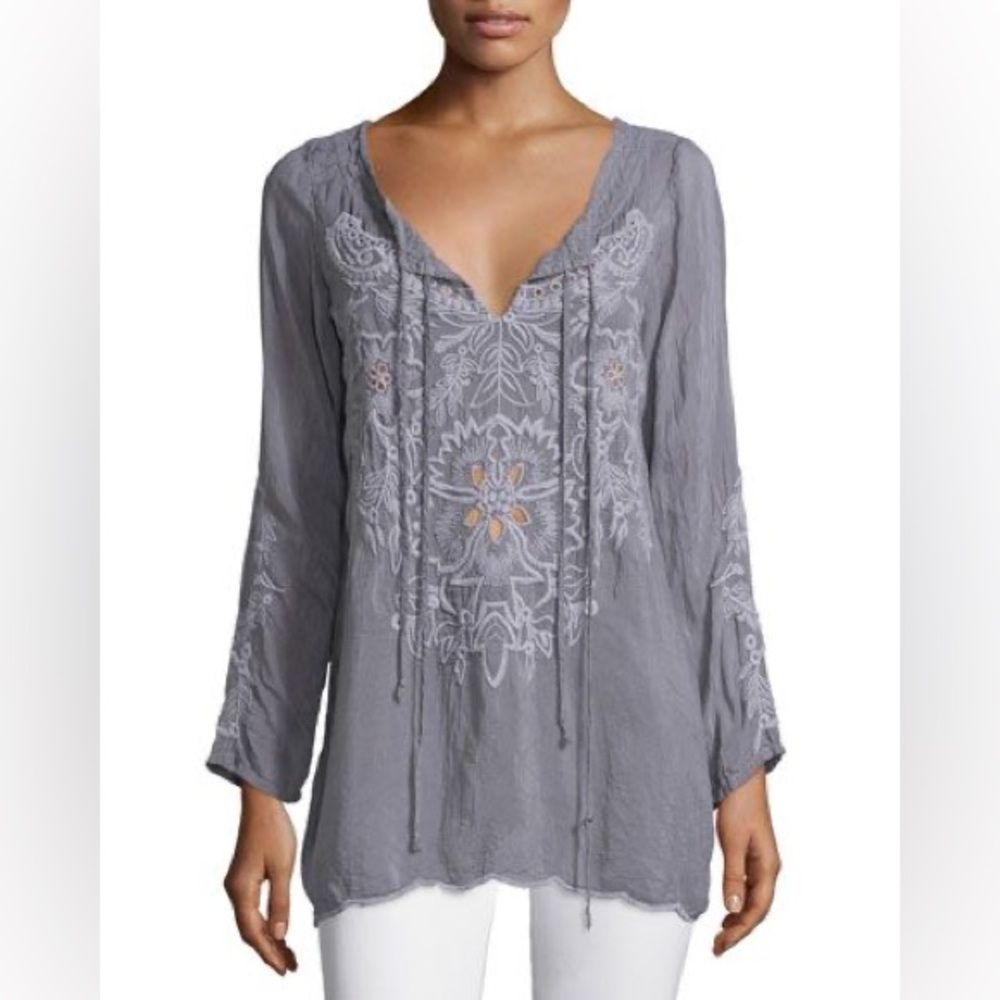 Johnny Was Cupra Rayon Embroidered Tunic Blouse, Size S